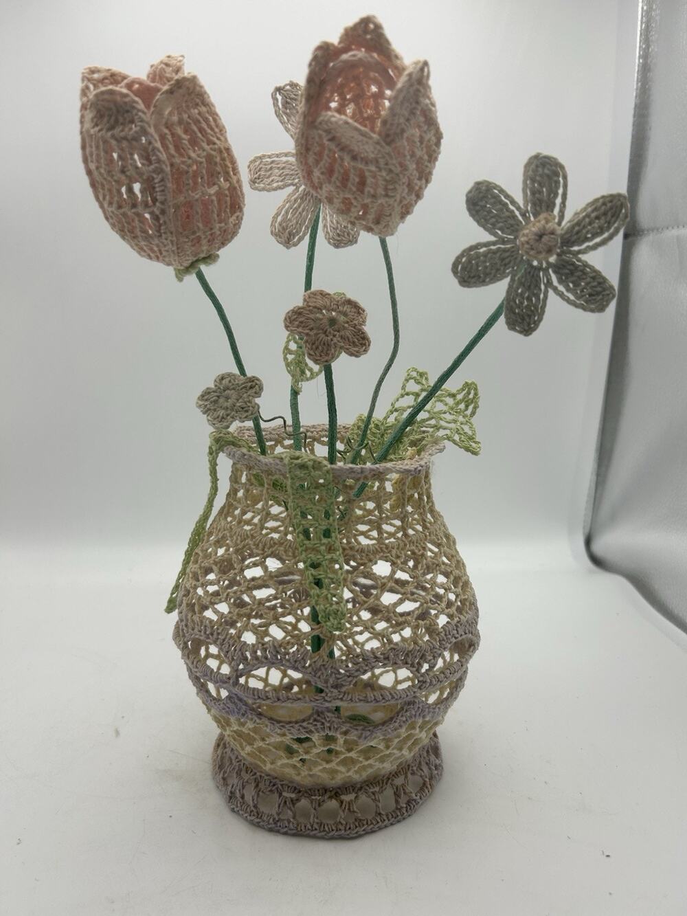 vintage crochet vase with flowers 12 X 8 pastel
